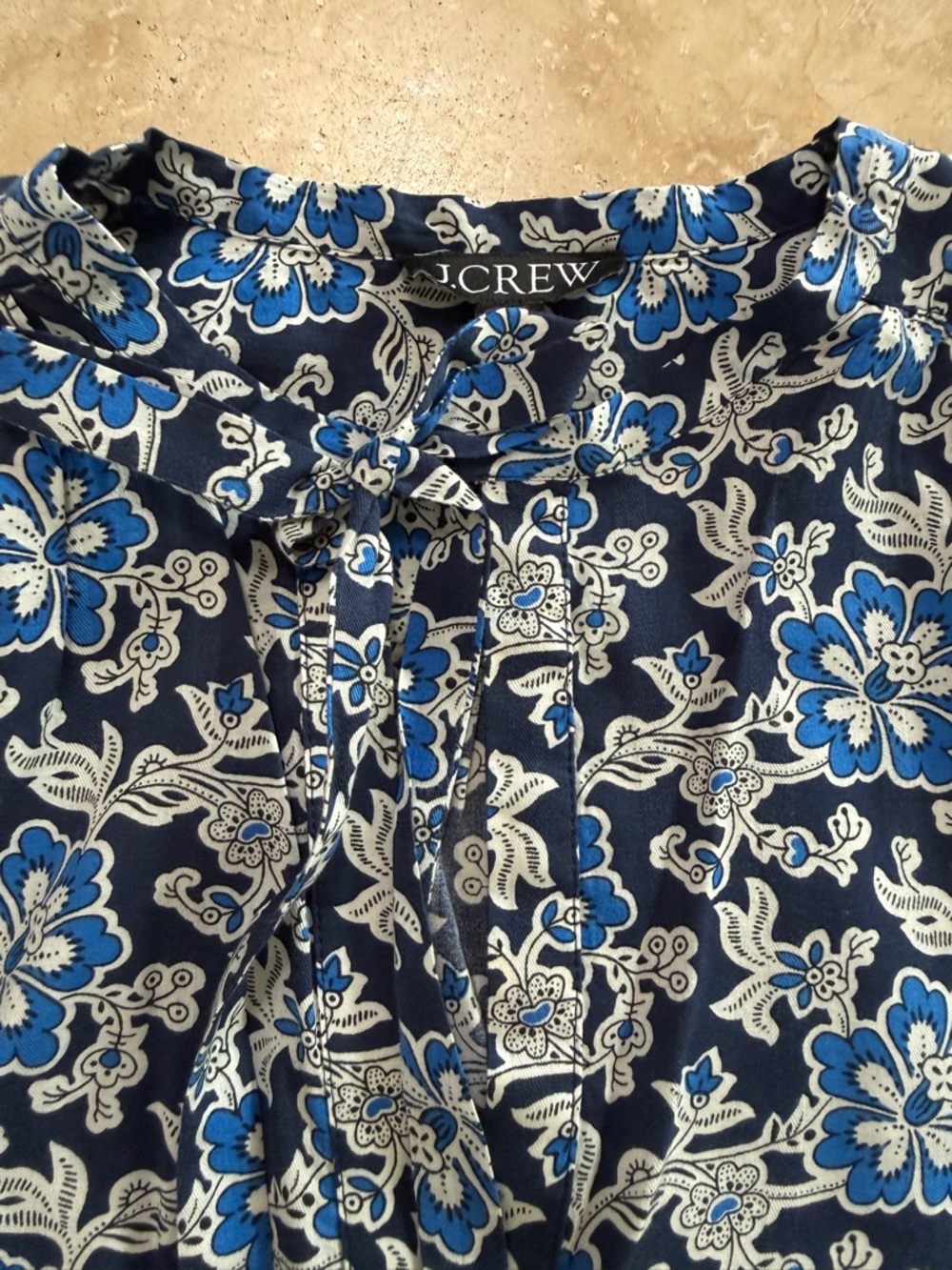 J. Crew Navy Blue and White Floral Tie-Neck Top